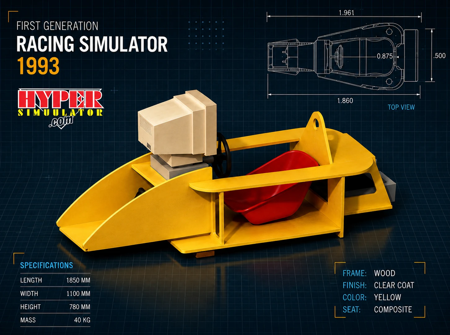 CAD render of Excape's first-generation 1993 racing simulator, a yellow wooden frame with a CRT monitor and a red composite seat, with dimensioned top view and specifications