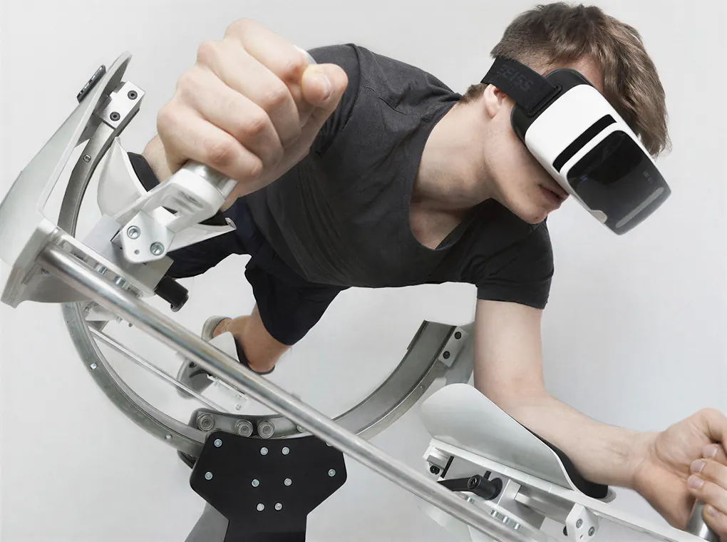 A guest flies prone on a VR free-flight rig