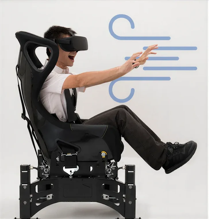 A guest in a VR motion chair with wind effects