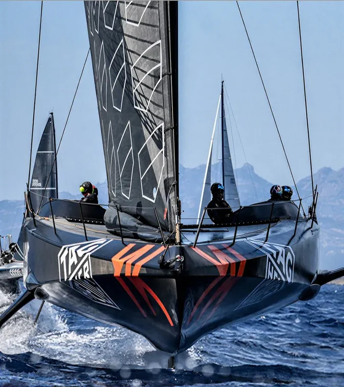 A racing catamaran under sail