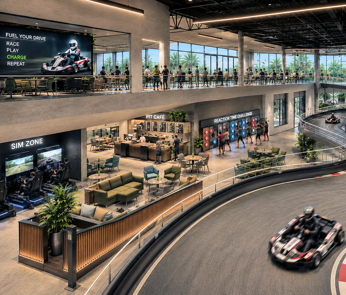 Excape Energy Park interior — karting circuit running past a sim-racing zone, pit café and reaction-time challenge wall
