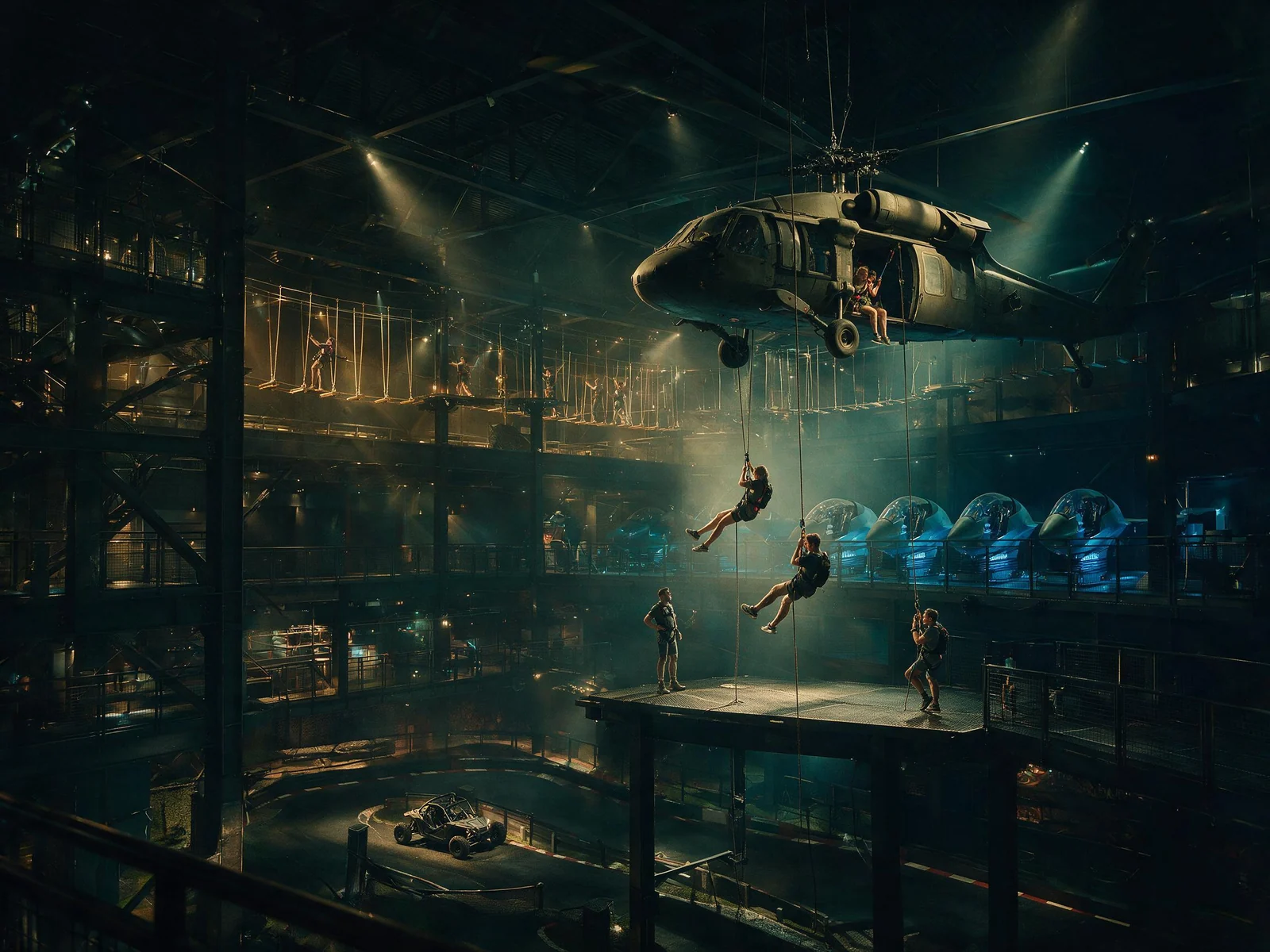 Mission Extreme — guests rappelling from a suspended helicopter inside a multi-level adventure structure, with high-wire courses, simulator pods and a driving course below