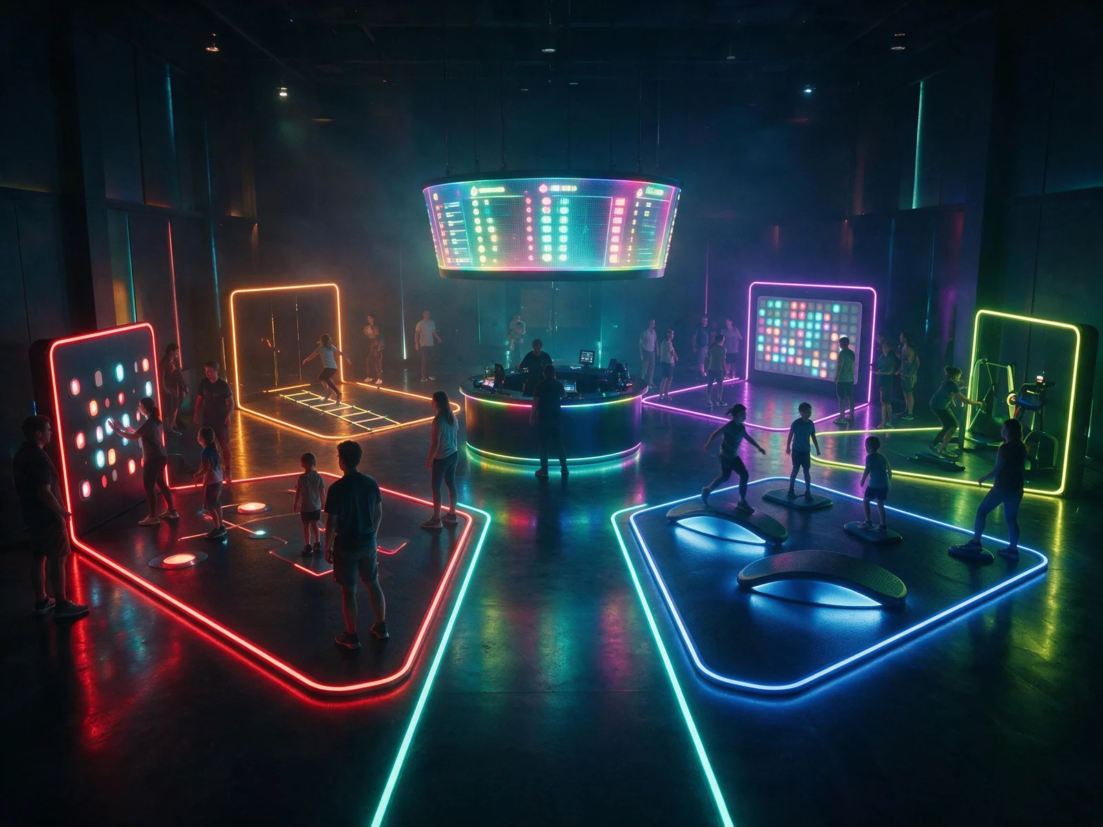 Sport Fitness Challenge — colour-coded neon challenge zones for reaction, agility, balance and memory around a central leaderboard and operations desk