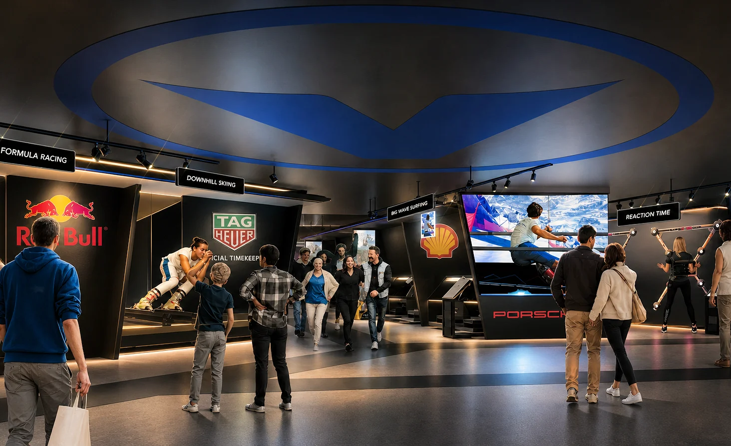 V-World interior — guests moving between immersive racing, skiing and surfing experience bays under a sculpted ceiling