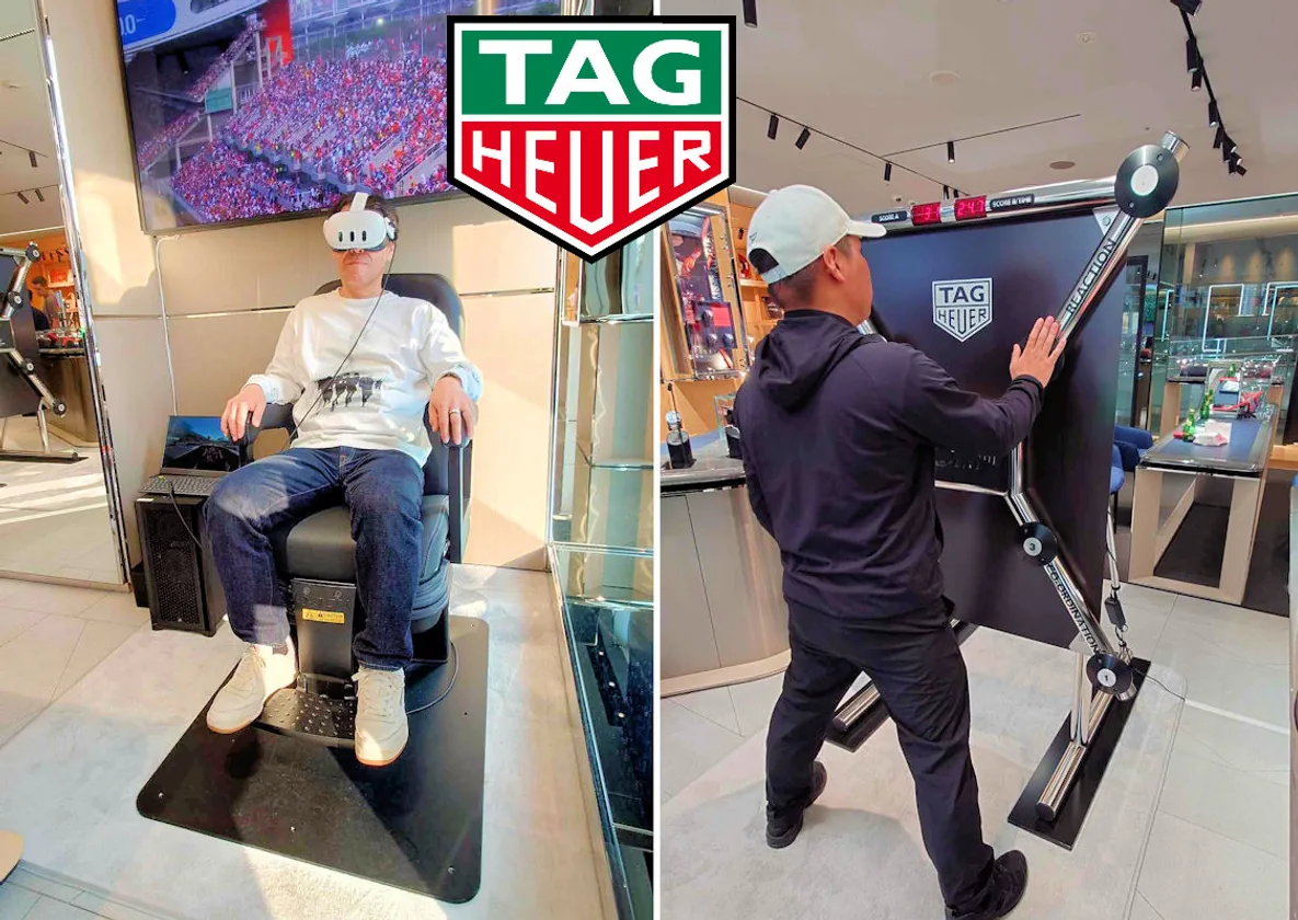 A TAG Heuer boutique activation — a guest in a VR headset on a motion seat, and the rig being repositioned